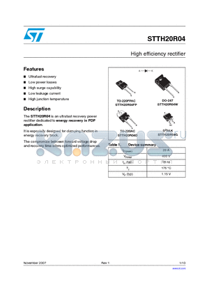 STTH20R04FP datasheet - High efficiency rectifier