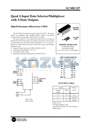 SL74HC257D datasheet - Quad 2-Input Data Selector/Multiplexer with 3-State Outputs