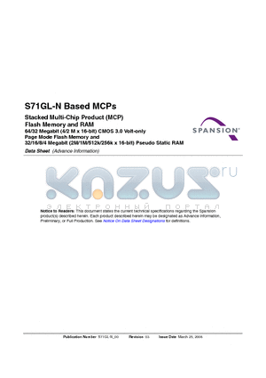 S71GL064NA0-0Z datasheet - Stacked Multi-Chip Product (MCP) Flash Memory and RAM