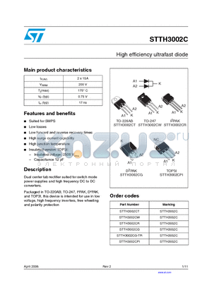 STTH3002C datasheet - High efficiency ultrafast diode
