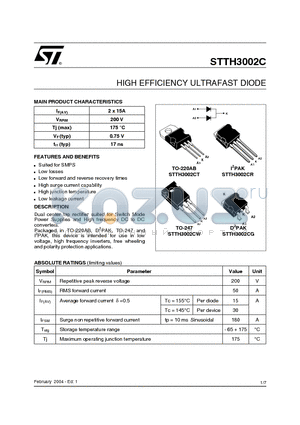 STTH3002CW datasheet - HIGH EFFICIENCY ULTRAFAST DIODE