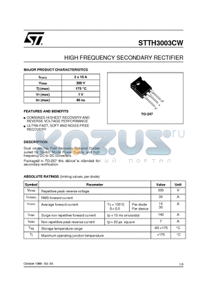 STTH3003CW datasheet - HIGH FREQUENCY SECONDARY RECTIFIER