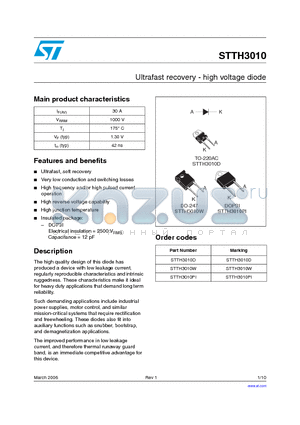 STTH3010 datasheet - Ultrafast recovery - high voltage diode