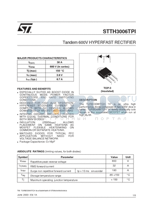 STTH3006TPI datasheet - Tandem 600V HYPERFAST RECTIFIER