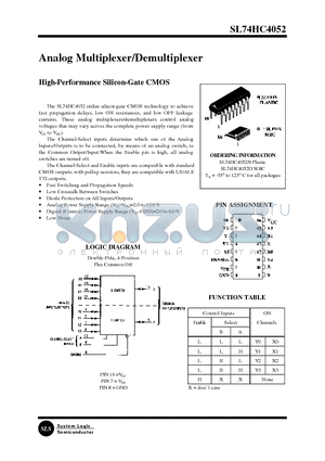 SL74HC4052N datasheet - Analog Multiplexer/Demultiplexer(High-Performance Silicon-Gate CMOS)