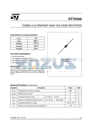 STTH306 datasheet - TURBO 2 ULTRAFAST HIGH VOLTAGE RECTIFIER