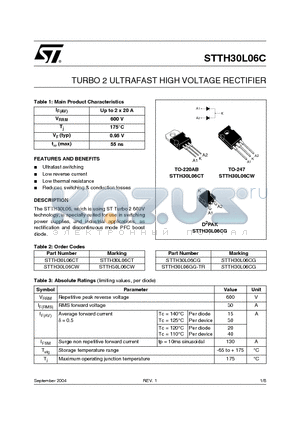 STTH30L06C datasheet - TURBO 2 ULTRAFAST HIGH VOLTAGE RECTIFIER