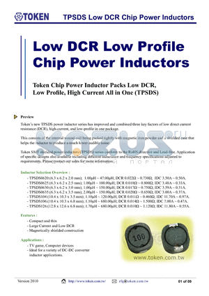 TPSDS0625-100M datasheet - TPSDS Low DCR Chip Power Inductors