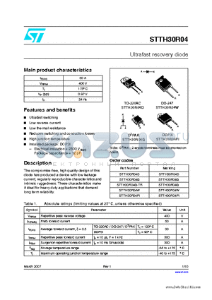 STTH30R04W datasheet - Ultrafast recovery diode