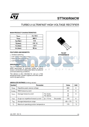 STTH30R06CW datasheet - TURBO 2 ULTRAFAST HIGH VOLTAGE RECTIFIER