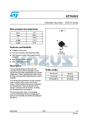 STTH312B-TR datasheet - Ultrafast recovery - 1200 V diode