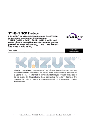 S71NS064NC0BJWRT3 datasheet - MirrorBit 1.8 Volt-only Simultaneous Read/Write, Burst-mode Multiplexed Flash Memory