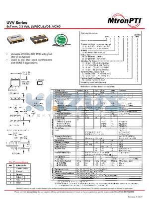 UVV datasheet - 5x7 mm, 3.3 Volt, LVPECL/LVDS, VCXO