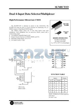 SL74HCT153N datasheet - Dual 4-Input Data Selector/Multiplexer(High-Performance Silicon-Gate CMOS)