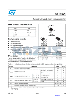 STTH506 datasheet - Turbo 2 ultrafast - high voltage rectifier