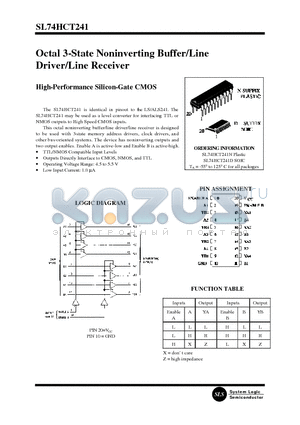SL74HCT241N datasheet - Octal 3-State Noninverting Buffer/Line Driver/Line Receiver(High-Performance Silicon-Gate CMOS)