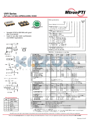 UVV10Z1PN datasheet - 5x7 mm, 3.3 Volt, LVPECL/LVDS, VCXO