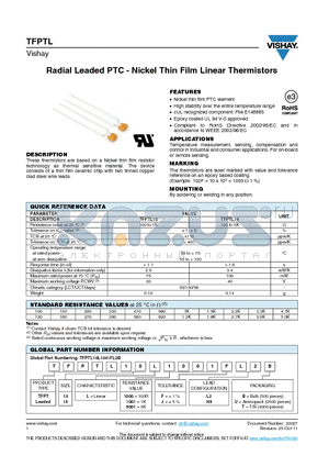 TFPTL10L1001FL2B datasheet - Radial Leaded PTC - Nickel Thin Film Linear Thermistors
