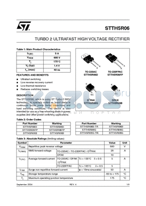 STTH5R06 datasheet - TURBO 2 ULTRAFAST HIGH VOLTAGE RECTIFIER