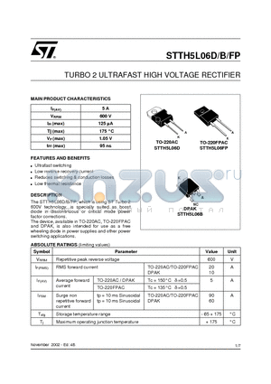 STTH5L06D datasheet - TURBO 2 ULTRAFAST HIGH VOLTAGE RECTIFIER