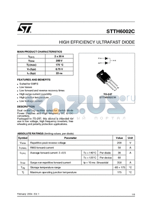 STTH6002C datasheet - HIGH EFFICIENCY ULTRAFAST DIODE