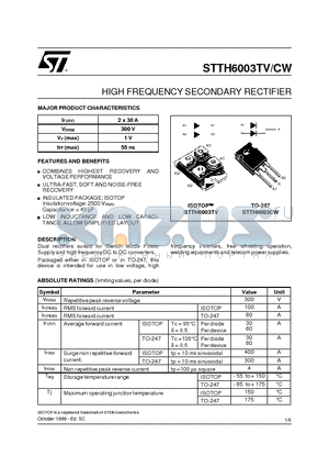 STTH6003TV datasheet - HIGH FREQUENCY SECONDARY RECTIFIER
