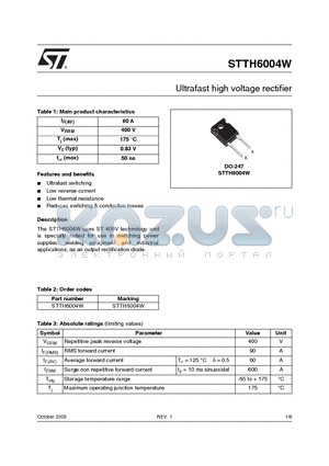 STTH6004W datasheet - Ultrafast high voltage rectifier