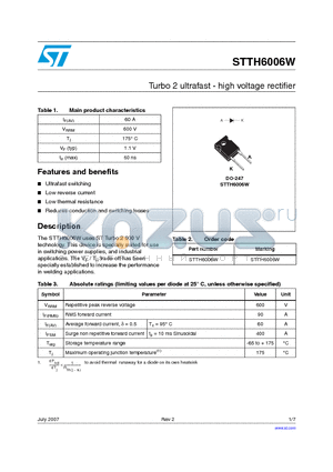 STTH6006W datasheet - Turbo 2 ultrafast - high voltage rectifier