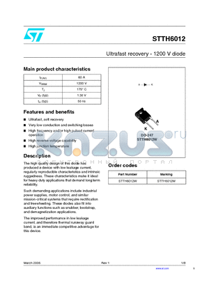 STTH6012W datasheet - Ultrafast recovery - 1200 V diode