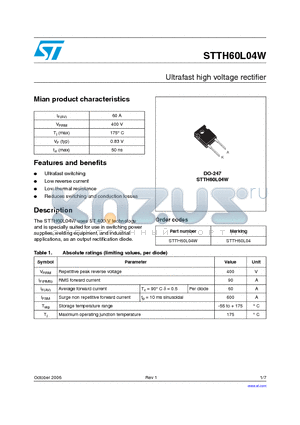 STTH60L04W datasheet - Ultrafast high voltage rectifier