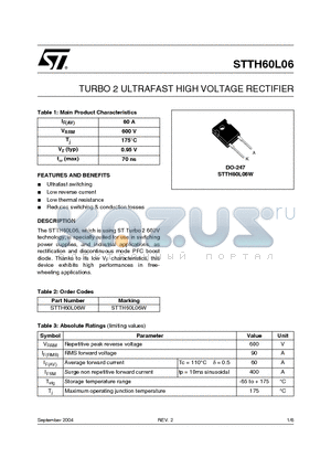 STTH60L06 datasheet - TURBO 2 ULTRAFAST HIGH VOLTAGE RECTIFIER