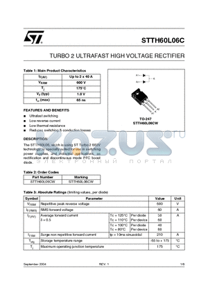 STTH60L06C datasheet - TURBO 2 ULTRAFAST HIGH VOLTAGE RECTIFIER