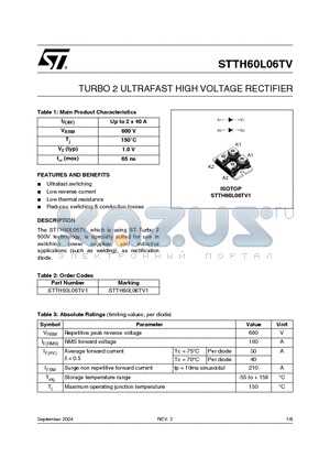 STTH60L06TV1 datasheet - TURBO 2 ULTRAFAST HIGH VOLTAGE RECTIFIER