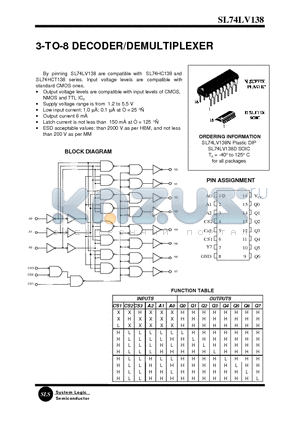 SL74LV138D datasheet - 3-TO-8 DECODER/DEMULTIPLEXER