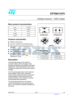 STTH6112TV2 datasheet - Ultrafast recovery - 1200 V diode
