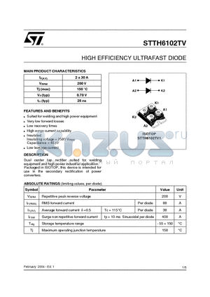 STTH6102TV1 datasheet - HIGH EFFICIENCY ULTRAFAST DIODE