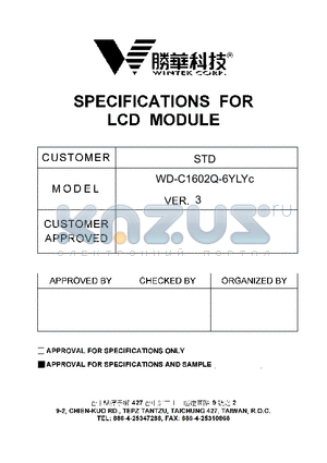 WD-C1602Q-6YLYC datasheet - SPECIFICATION FOR LCD MODULE