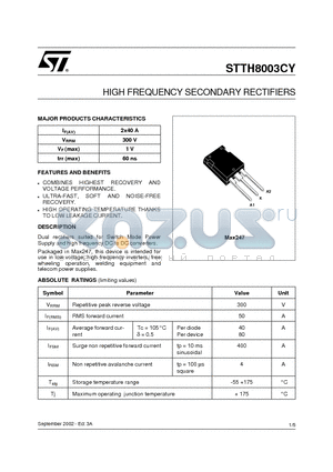 STTH8003CY_02 datasheet - HIGH FREQUENCY SECONDARY RECTIFIERS