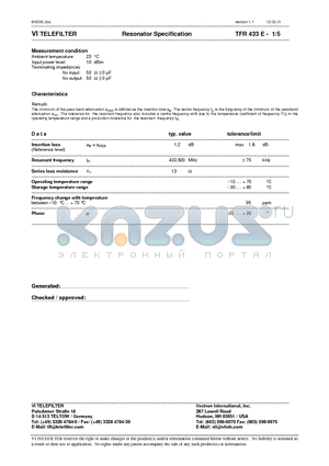 TFR433E datasheet - Resonator Specification