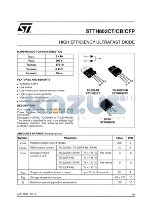 STTH802CB-TR datasheet - HIGH EFFICIENCY ULTRAFAST DIODE