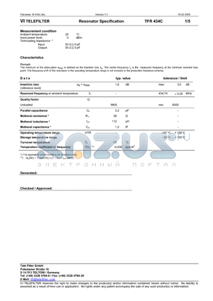 TFR434C datasheet - Resonator Specification