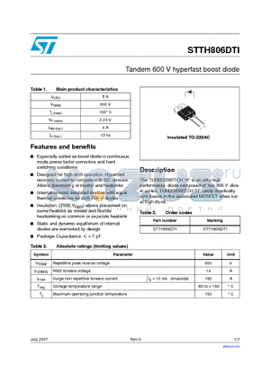 STTH806DTI datasheet - Tandem 600 V hyperfast boost diode