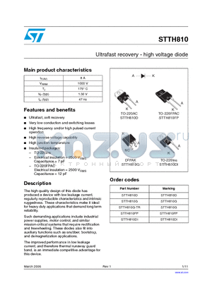 STTH810DI datasheet - Ultrafast recovery - high voltage diode