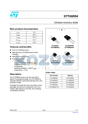 STTH8R04D datasheet - Ultrafast recovery diode
