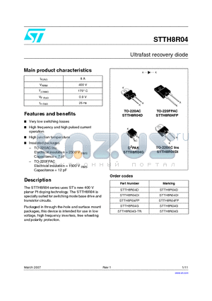 STTH8R04FP datasheet - Ultrafast recovery diode