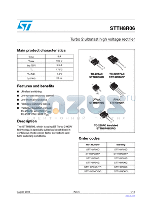 STTH8R06G datasheet - Turbo 2 ultrafast high voltage rectifier