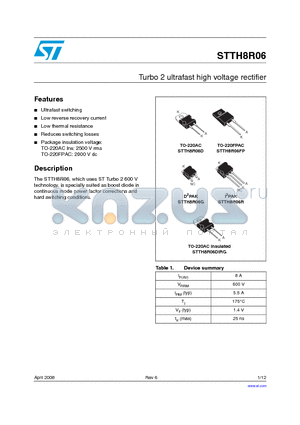 STTH8R06G-TR datasheet - Turbo 2 ultrafast high voltage rectifier