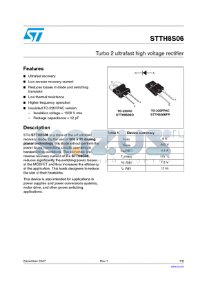 STTH8S06D datasheet - Turbo 2 ultrafast high voltage rectifier
