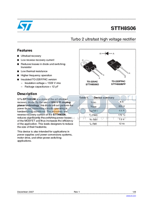 STTH8S06FP datasheet - Turbo 2 ultrafast high voltage rectifier