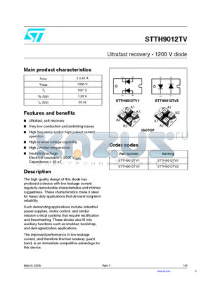 STTH9012TV2 datasheet - Ultrafast recovery - 1200 V diode
